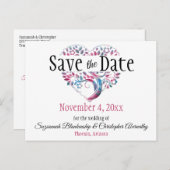 ウェディングセーブザデートブルゴーニュティール(緑がかった色)ツリーハートAn 案内ポストカード (正面/裏面)