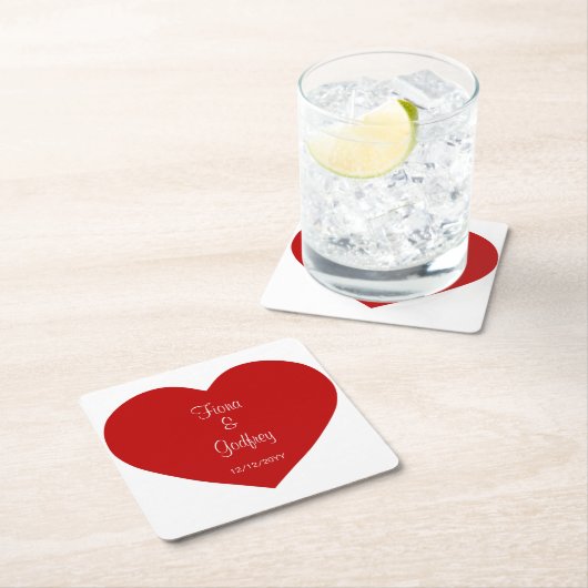 ウェディングデイコースターロマンチック赤いハート スクエアペーパーコースター (インサイチュ)