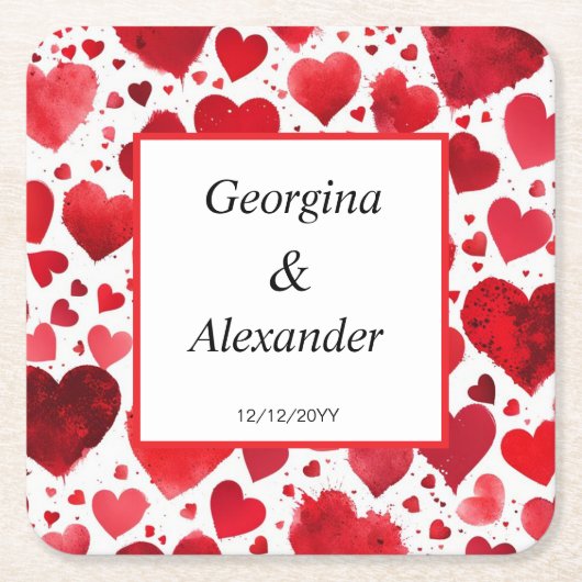 ウェディングデイコースターロマンチック赤いハート スクエアペーパーコースター (正面)