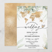 ウェディングデスティネーション ゴールド ワールドマップ フローラル インビテーション (正面/裏面)