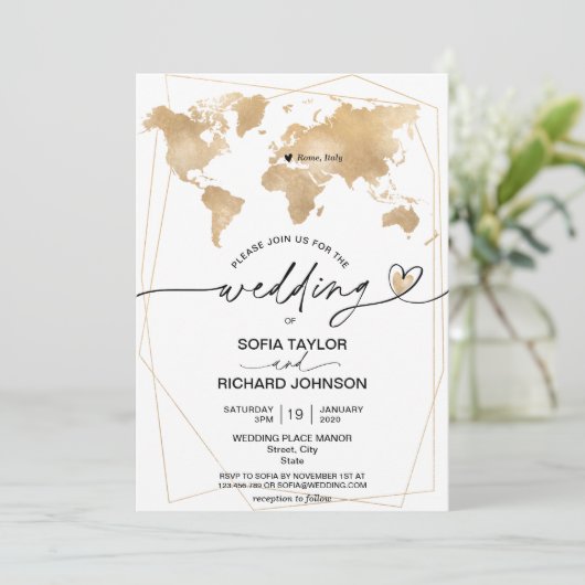 ウェディングデスティネーション ゴールド ワールド マップ フレーム 招待状 (スタンド正面)