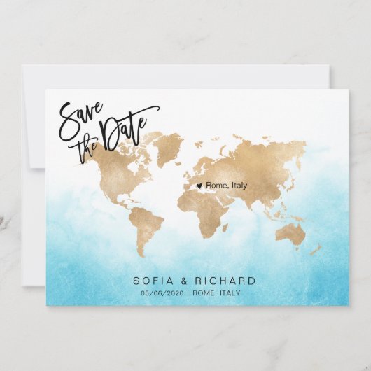 ウェディングデスティネーション ワールドマップ ゴールド ムーブハート 招待状 (正面)