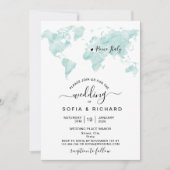 ウェディングデスティネーション 水彩 世界地図 ハート 招待状 (正面)