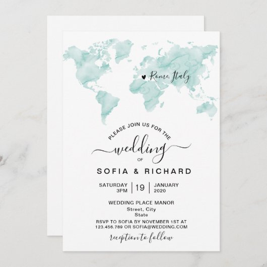 ウェディングデスティネーション 水彩 世界地図 ハート 招待状 (正面/裏面)
