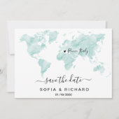 ウェディングデスティネーション 水彩 世界地図 ハート 招待状 (正面)