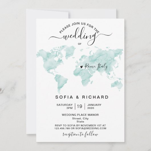 ウェディングデスティネーション 水彩 世界地図 ハート 招待状 (正面)