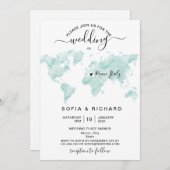 ウェディングデスティネーション 水彩 世界地図 ハート 招待状 (正面/裏面)