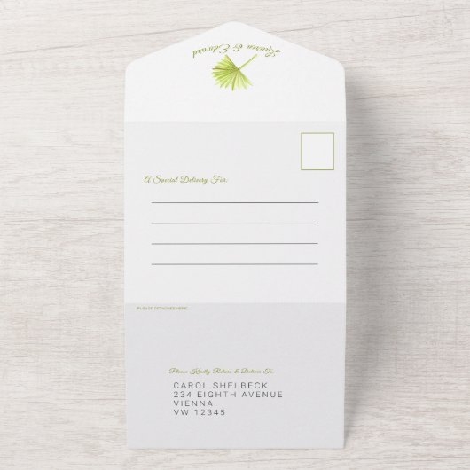 ウェディングトロピカルパームの葉の水彩画グリーン白 オールインワン招待状 (外側)