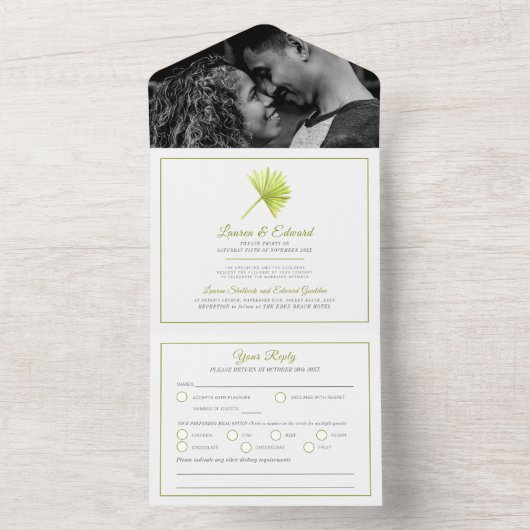ウェディングトロピカルパームの葉の水彩画グリーン白 オールインワン招待状 (内側)