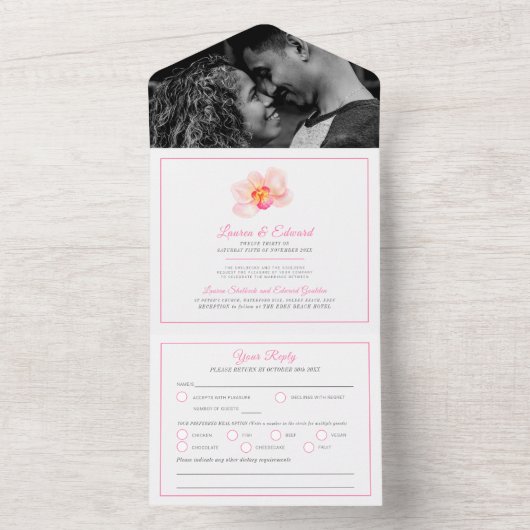 ウェディングトロピカルランの花水彩ピンク オールインワン招待状 (内側)