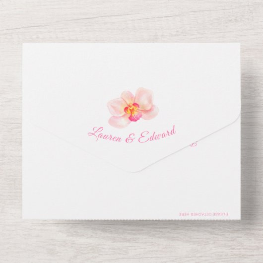 ウェディングトロピカルランの花水彩ピンク オールインワン招待状 (裏面)