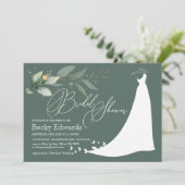 ウェディングドレスと緑の葉の ブライダルシャワー 招待状 (スタンド正面)