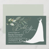 ウェディングドレスと緑の葉の ブライダルシャワー 招待状 (正面/裏面)