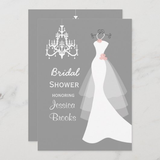 ウェディングドレスのシャンデリアのブライダルシャワーの招待状 招待状 (正面/裏面)