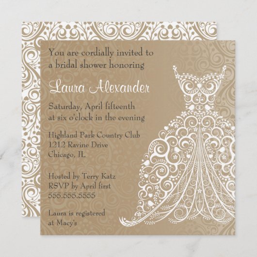 ウェディングドレスのブライダルシャワーの招待状 招待状 (正面/裏面)