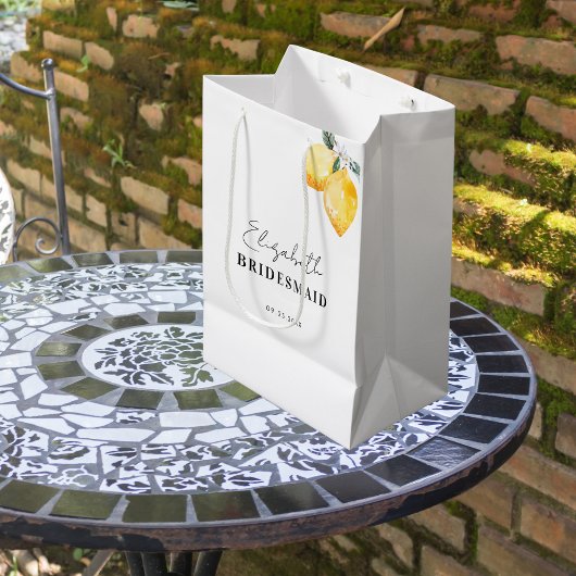ウェディングドレスの友人へのギフトバッグ　水彩のレモンと名前 ミディアムペーパーバッグ