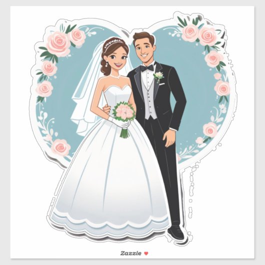 ウェディングドレスの幸せな花嫁と花婿 シール (シート)