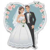 ウェディングドレスの幸せな花嫁と花婿 シール (正面)
