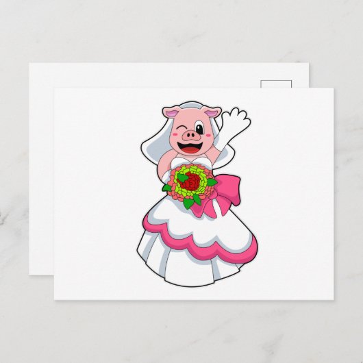 ウェディングドレスを着た豚と花束 ポストカード (正面/裏面)