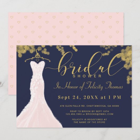 ウェディングドレス ネイビー ゴールド ブライダルシャワー 招待状 (正面/裏面)