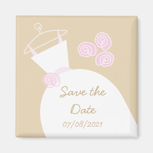 ウェディングドレス ピンク ベージュ 'Save the date' マグネット (正面)