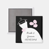 ウェディングドレス ピンク '名前と日付' ブラック マグネット (正面/裏面)