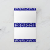 ウェディングドレス、ロイヤルブルーの背景にダマスク織の葉模様 白い感謝カード サンキューカード (内部)