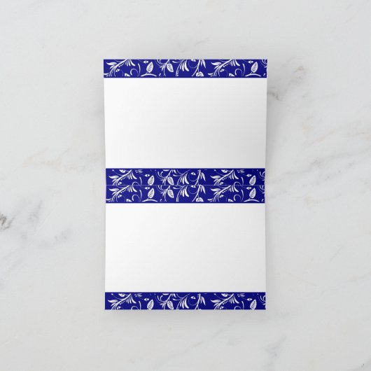 ウェディングドレス、ロイヤルブルーの背景にダマスク織の葉模様 白い感謝カード サンキューカード (内部)