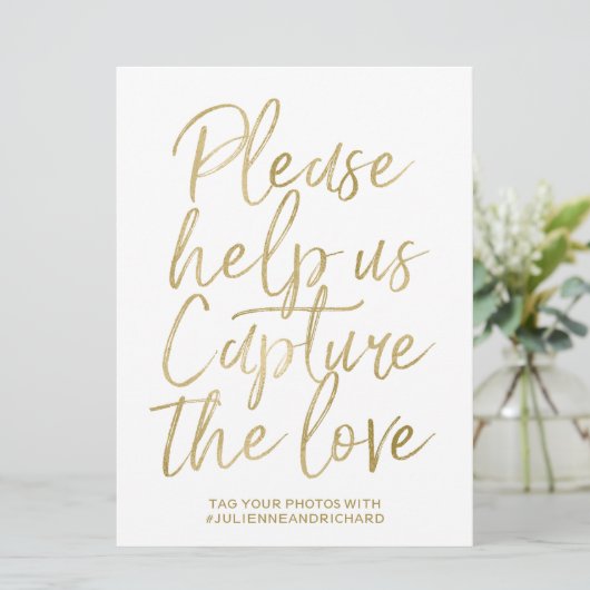 ウェディングハッシュタグサイン | スタイリッシュなゴールド手書き文字 (スタンド正面)