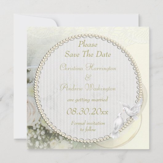 ウェディングバンド、ローズ、ドーブ&レース セーブ・ザ・デート セーブザデート (裏面)