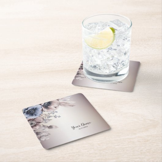 ウェディングパーティウォーターカラーパステルブルーベージュフラワーズ スクエアペーパーコースター (インサイチュ)