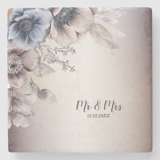 ウェディングパーティウォーターカラーパステルブルーベージュフラワーズ ストーンコースター (正面)