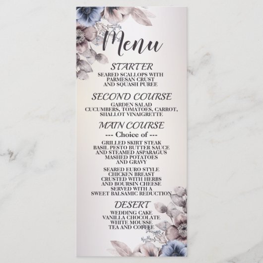 ウェディングパーティウォーターカラーパステルブルーベージュフラワーズ メニュー (正面)