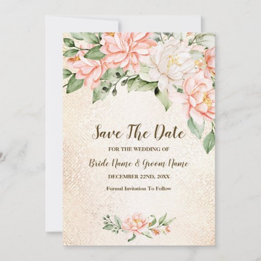 ウェディングパーティウォーターカラーピーチホワイトフラワー救T セーブザデート (正面)