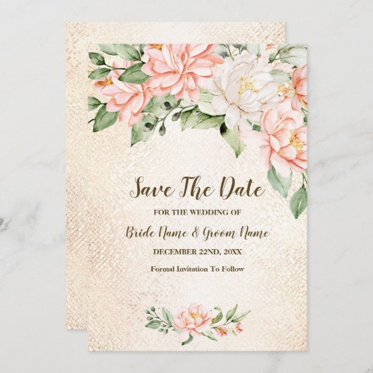 ウェディングパーティウォーターカラーピーチホワイトフラワー救T セーブザデート (正面/裏面)