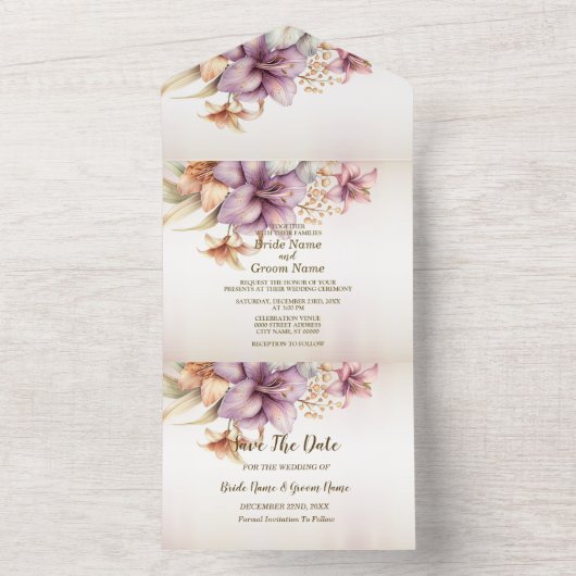 ウェディングパーティウォーターカラーボホピンクの花エレガント色 オールインワン招待状