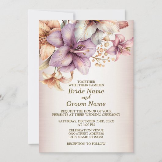 ウェディングパーティウォーターカラーボホピンクの花エレガント色 招待状 (正面)