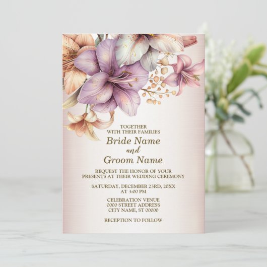 ウェディングパーティウォーターカラーボホピンクの花エレガント色 招待状 (スタンド正面)