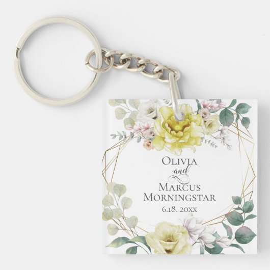 ウェディングパーティギフトサニーイエローウォーター色牡丹 キーホルダー (正面)