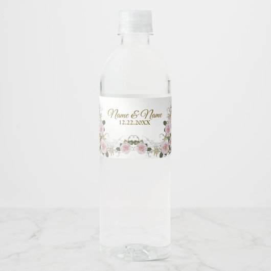 ウェディングパーティギフトピンクフローラシルバーエレガント ペットボトルラベル (正面)
