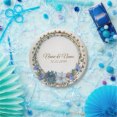 ウェディングパーティギフト名ブルーフローラゴールデンヴィンテージ ペーパープレート (パーティー)