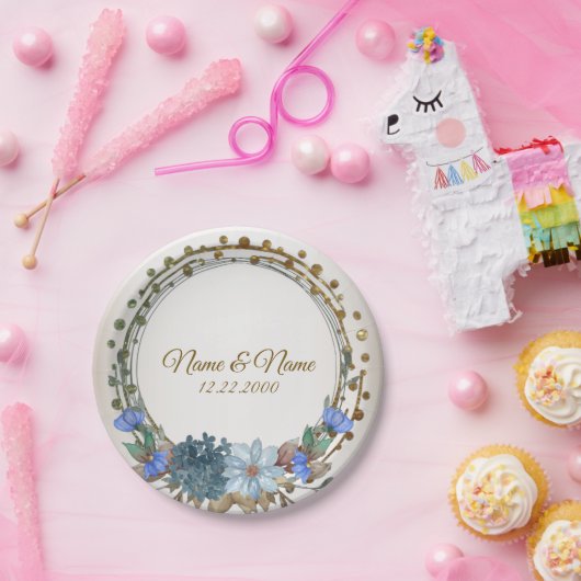 ウェディングパーティギフト名ブルーフローラゴールデンヴィンテージ ペーパープレート (パーティー)