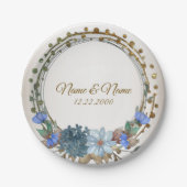 ウェディングパーティギフト名ブルーフローラゴールデンヴィンテージ ペーパープレート (正面)