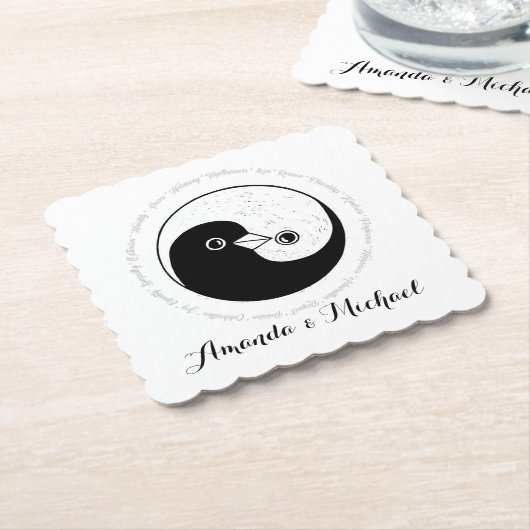ウェディングパーティコースターb/w YinYang doves ペーパーコースター (アングル)