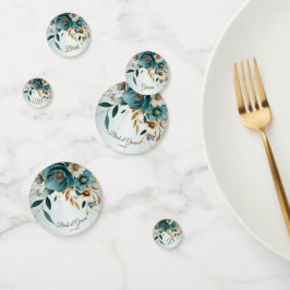 ウェディングパーティターコイズホワイトフラワーゴールデンリーフ コンフェッティ