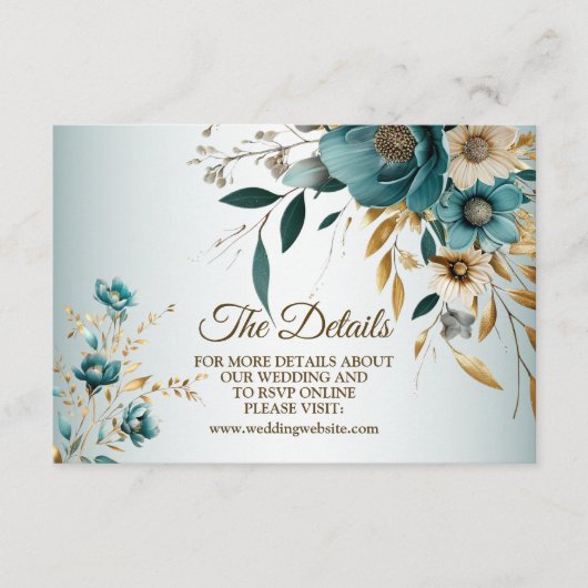 ウェディングパーティターコイズホワイトフラワーゴールデン葉ズ エンクロージャーカード (正面)