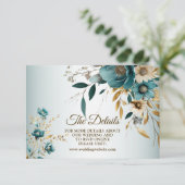 ウェディングパーティターコイズホワイトフラワーゴールデン葉ズ エンクロージャーカード (スタンド正面)