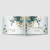 ウェディングパーティターコイズホワイトフラワーゴールデン葉ズ ゲストブック (全面)