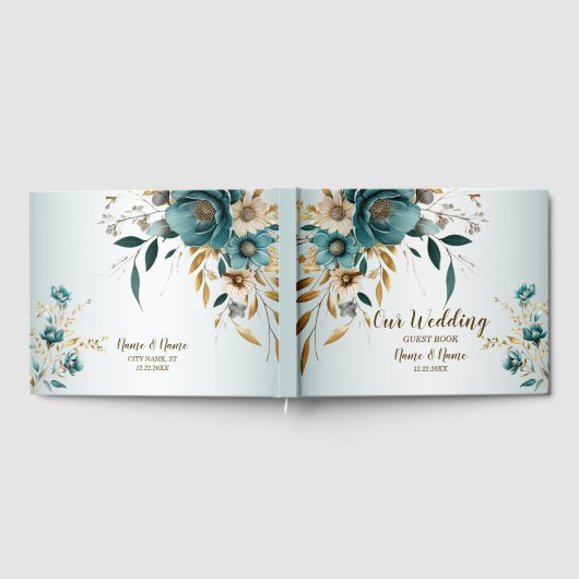 ウェディングパーティターコイズホワイトフラワーゴールデン葉ズ ゲストブック (全面)