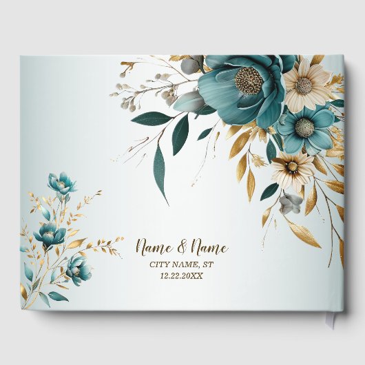 ウェディングパーティターコイズホワイトフラワーゴールデン葉ズ ゲストブック (裏面)